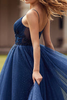 Load image into Gallery viewer, Sparkly Navy Spaghetti Straps Long Appliqued Prom Dress with Beading