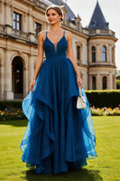 Load image into Gallery viewer, Sparkly Navy Spaghetti Straps Beaded Long Prom Dress with Ruffles