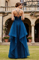 Load image into Gallery viewer, Sparkly Navy Spaghetti Straps Beaded Long Prom Dress with Ruffles