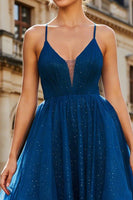Load image into Gallery viewer, Sparkly Navy Spaghetti Straps Beaded Long Prom Dress with Ruffles