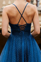 Load image into Gallery viewer, Sparkly Navy Spaghetti Straps Beaded Long Prom Dress with Ruffles