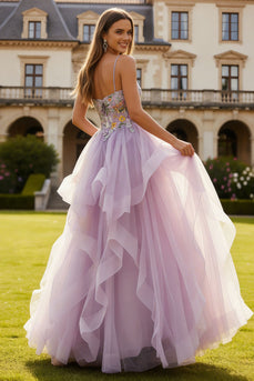 Lilac Tulle Floral Spaghetti Straps Long Prom Dress with Ruffles