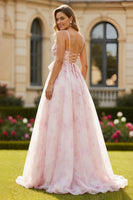 Load image into Gallery viewer, Blush Floral A Line Spaghetti Straps Long Prom Dress with Bow
