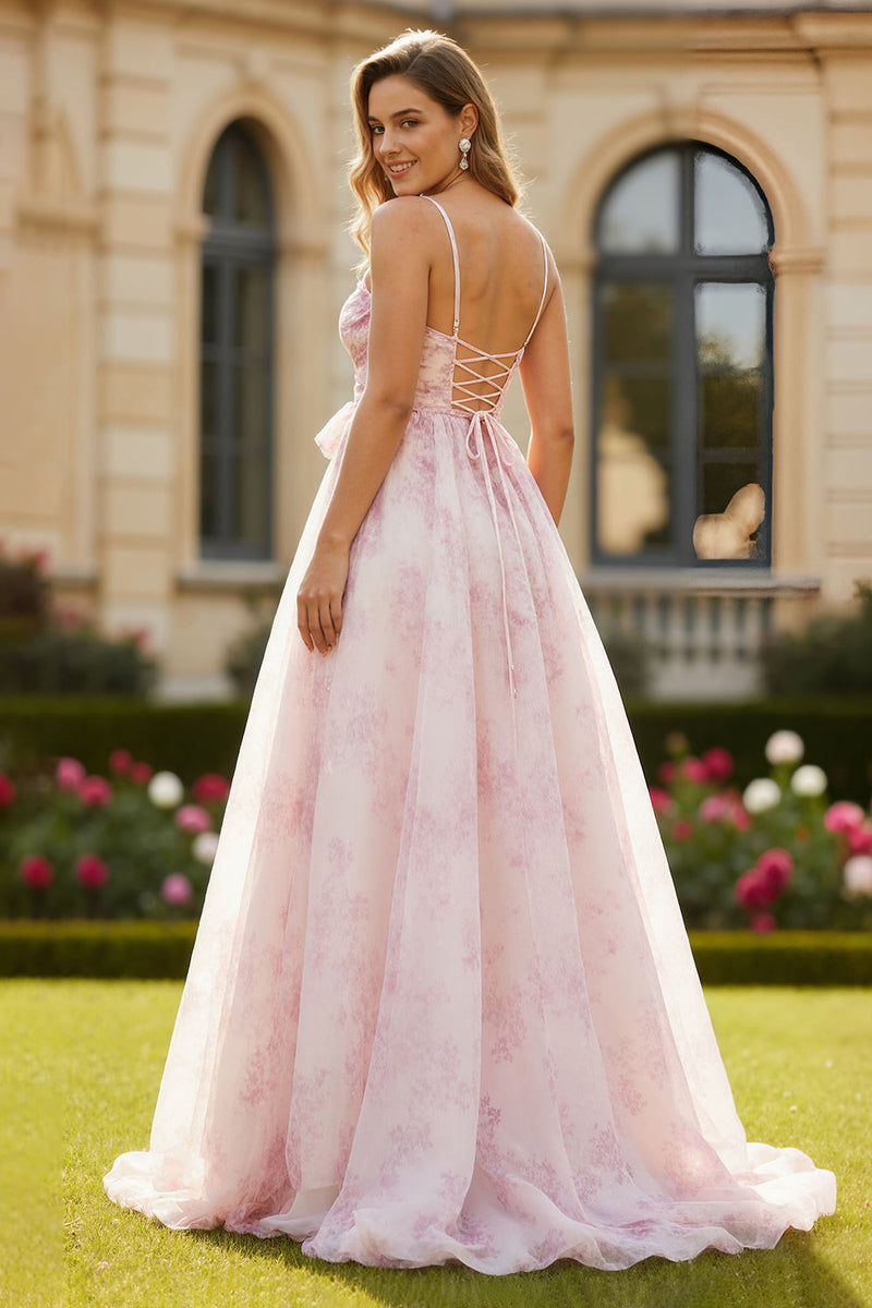 Load image into Gallery viewer, Blush Floral A Line Spaghetti Straps Long Prom Dress with Bow