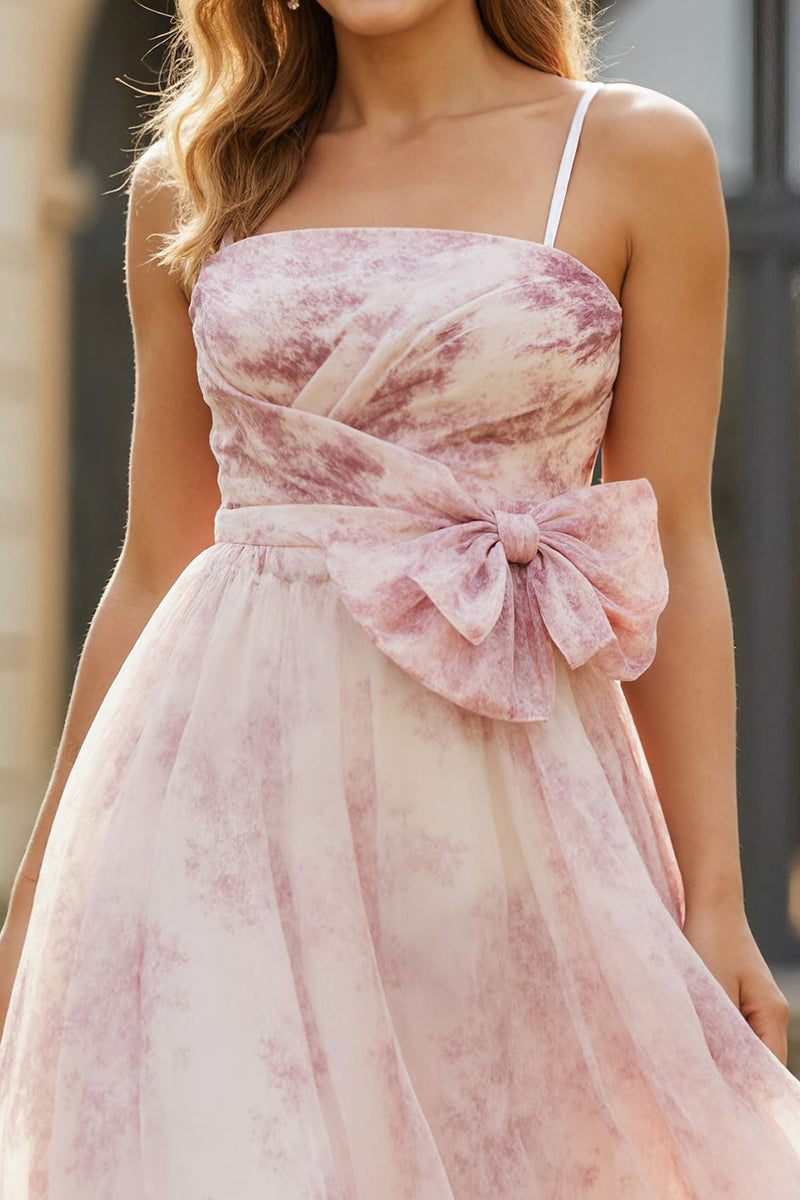 Load image into Gallery viewer, Blush Floral A Line Spaghetti Straps Long Prom Dress with Bow
