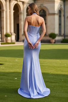Sparkly Mermaid Light Blue Halter Neck Long Corset Prom Dress with Slit