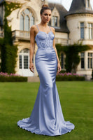 Load image into Gallery viewer, Light Blue Satin Mermaid Spaghetti Straps Long Corset Prom Dress