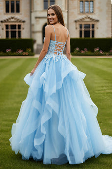 Sky Blue Tulle Spaghetti Straps Corset Appliqued Long Prom Dress with Ruffles