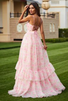Pink Floral Spaghetti Straps Ruffled Long Prom Dress with Keyhole