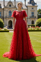 Load image into Gallery viewer, Sparkly Dark Red Floral Boat Neck Long Prom Dress with Sleeves