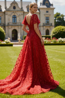 Load image into Gallery viewer, Sparkly Dark Red Floral Boat Neck Long Prom Dress with Sleeves