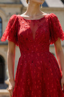 Load image into Gallery viewer, Sparkly Dark Red Floral Boat Neck Long Prom Dress with Sleeves