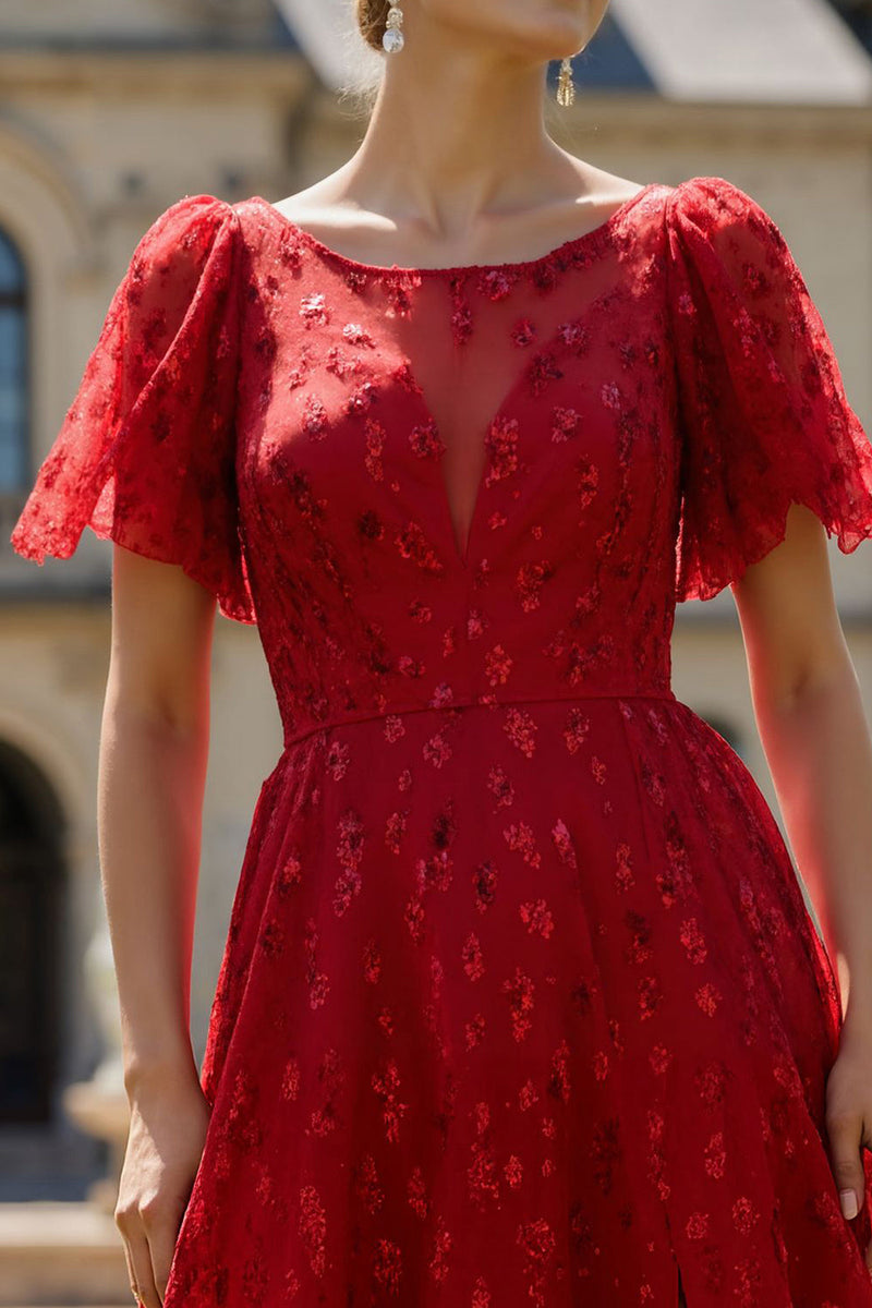 Load image into Gallery viewer, Sparkly Dark Red Floral Boat Neck Long Prom Dress with Sleeves