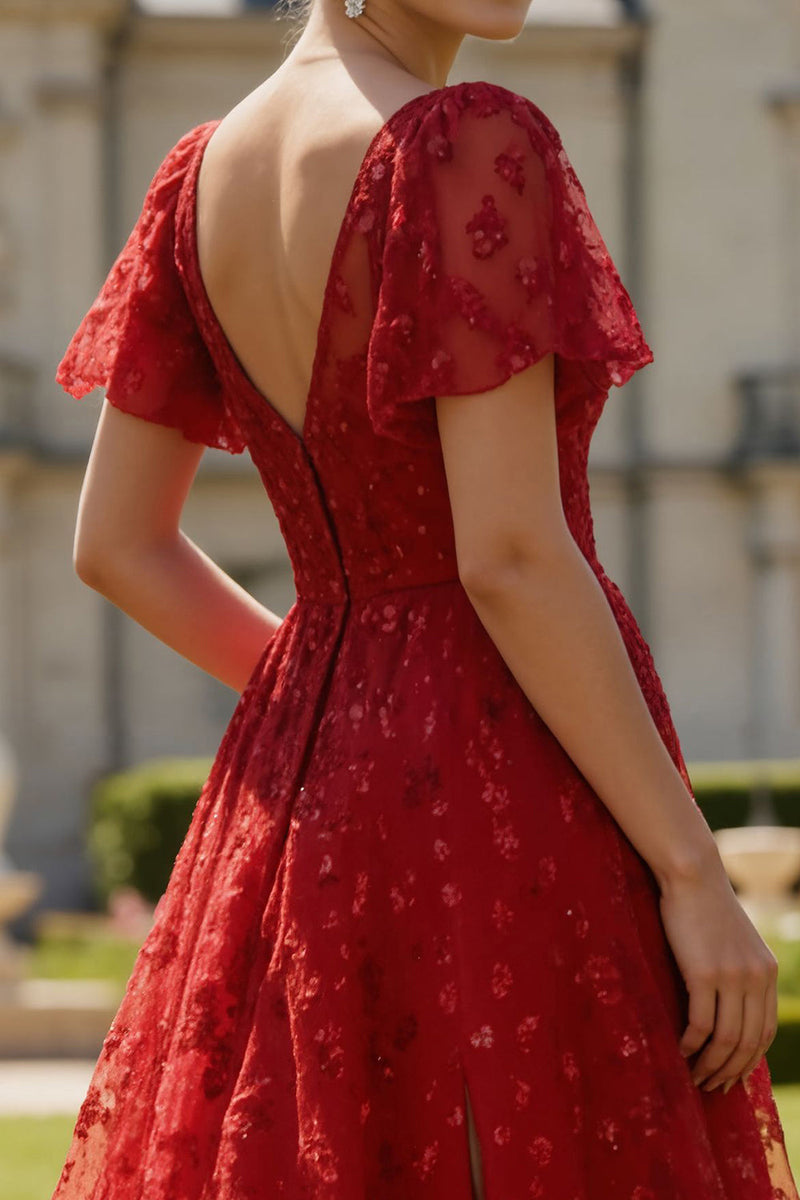 Load image into Gallery viewer, Sparkly Dark Red Floral Boat Neck Long Prom Dress with Sleeves