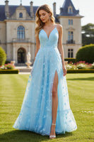 Load image into Gallery viewer, Sparkly Floral Sky Blue Spaghetti Straps Long Prom Dress with Slit