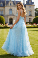Load image into Gallery viewer, Sparkly Floral Sky Blue Spaghetti Straps Long Prom Dress with Slit