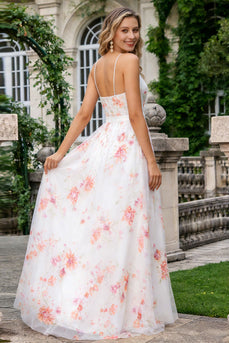 Ivory Pink Floral A Line Spaghetti Straps Long Prom Dress with Slit