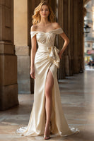 Load image into Gallery viewer, Champagne Sheath Off the Shoulder Long Prom Dress with Slit