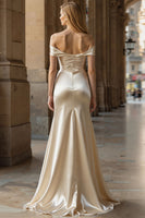 Load image into Gallery viewer, Champagne Sheath Off the Shoulder Long Prom Dress with Slit