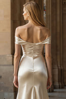 Load image into Gallery viewer, Champagne Sheath Off the Shoulder Long Prom Dress with Slit