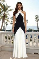 Load image into Gallery viewer, Black and White Criss Cross Neck Sheath Long Formal Dress
