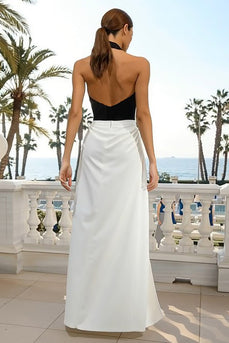 Black and White Halter Neck Long Sheath Formal Dress with Slit