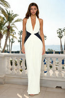 Load image into Gallery viewer, Black and White Halter Neck Ruched Sheath Long Formal Dress