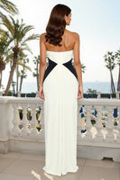 Load image into Gallery viewer, Black and White Halter Neck Ruched Sheath Long Formal Dress
