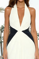 Load image into Gallery viewer, Black and White Halter Neck Ruched Sheath Long Formal Dress