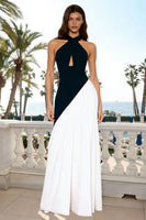 Load image into Gallery viewer, Black and White Sheath Halter Maxi Formal Dress with Keyhole
