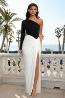 Load image into Gallery viewer, Black and White One Shoulder Long Ruched Formal Dress with Slit