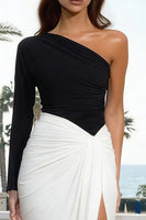 Load image into Gallery viewer, Black and White One Shoulder Long Ruched Formal Dress with Slit