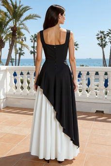 Black and White Backless Thick Straps Long Formal Dress