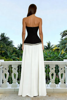 Sparkly Black and White Sheath Sweetheart Long Formal Dress with Pearls