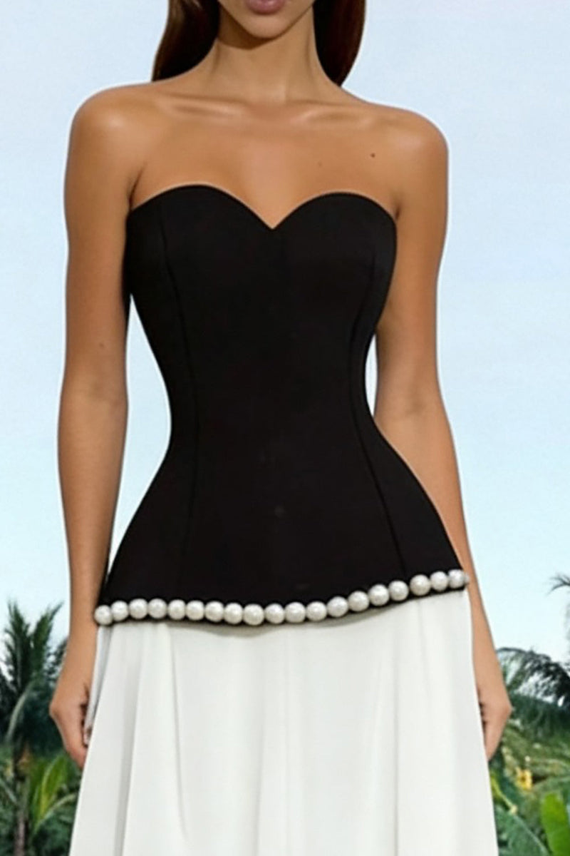 Load image into Gallery viewer, Sparkly Black and White Sheath Sweetheart Long Formal Dress with Pearls