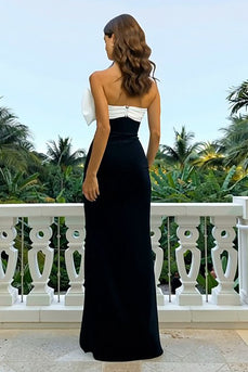 Black and White Strapless Long Sheath Formal Dress with Bow