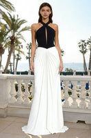 Load image into Gallery viewer, Black and White Halter Neck Long Backless Formal Dress with Keyhole