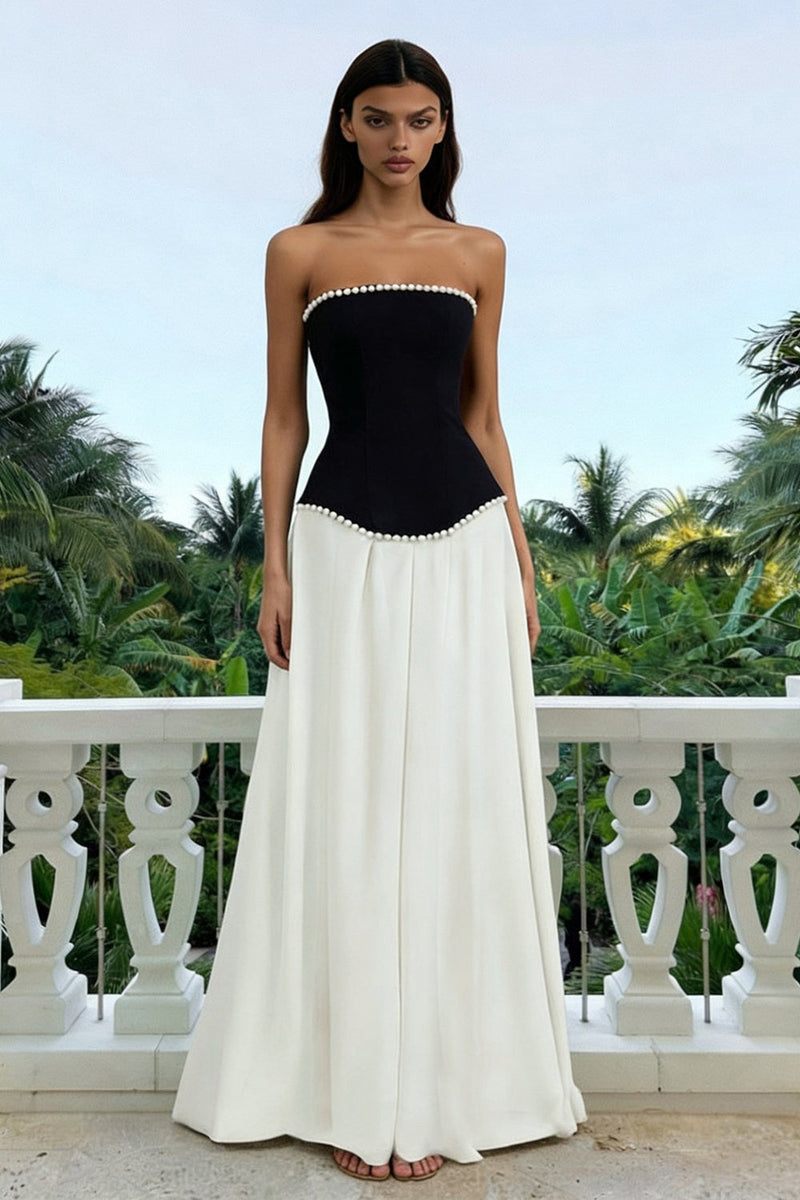 Load image into Gallery viewer, Sparkly Black and White Long Strapless Formal Dress with Pearls