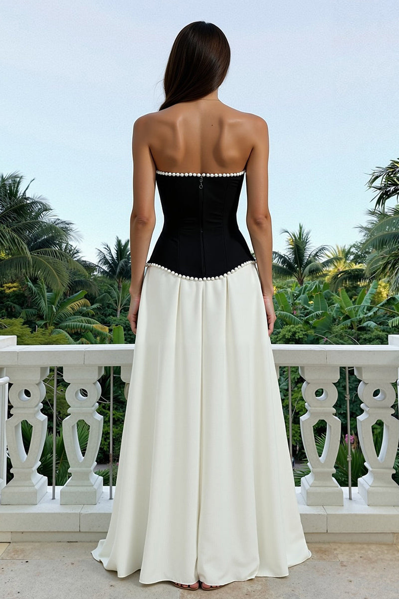 Load image into Gallery viewer, Sparkly Black and White Long Strapless Formal Dress with Pearls
