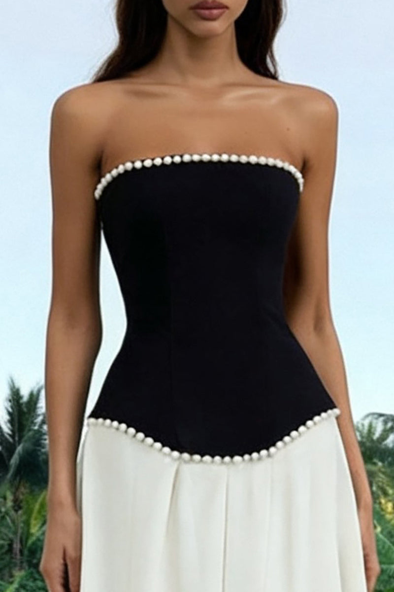 Load image into Gallery viewer, Sparkly Black and White Long Strapless Formal Dress with Pearls