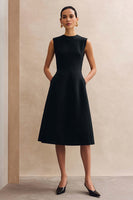 Load image into Gallery viewer, Crew Neck Black Midi A Line Work Dress