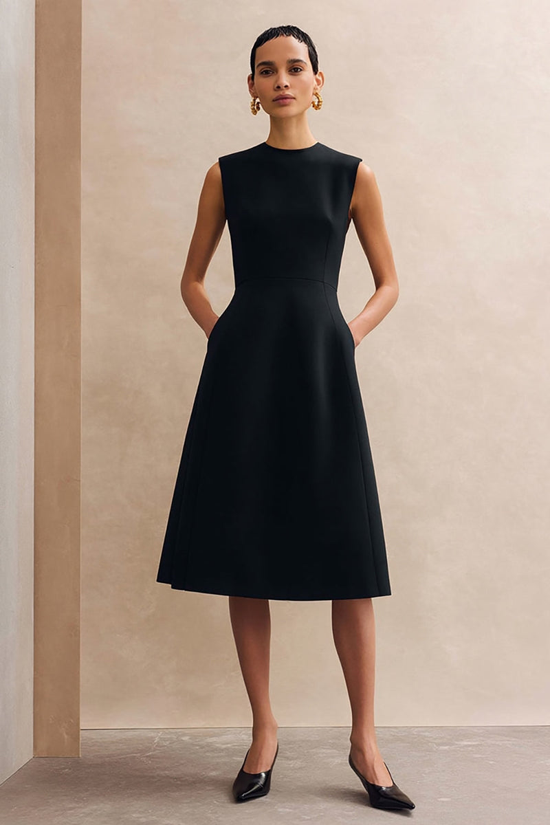 Load image into Gallery viewer, Crew Neck Black Midi A Line Work Dress