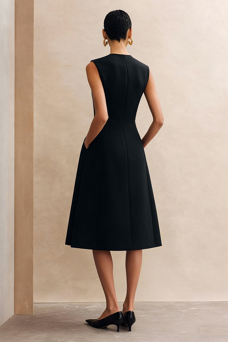 Load image into Gallery viewer, Crew Neck Black Midi A Line Work Dress