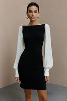 Load image into Gallery viewer, Bateau Neck Black and White Short Pencil Work Dress with Sleeves