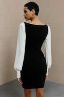 Load image into Gallery viewer, Bateau Neck Black and White Short Pencil Work Dress with Sleeves
