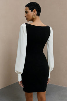 Bateau Neck Black and White Short Pencil Work Dress with Sleeves