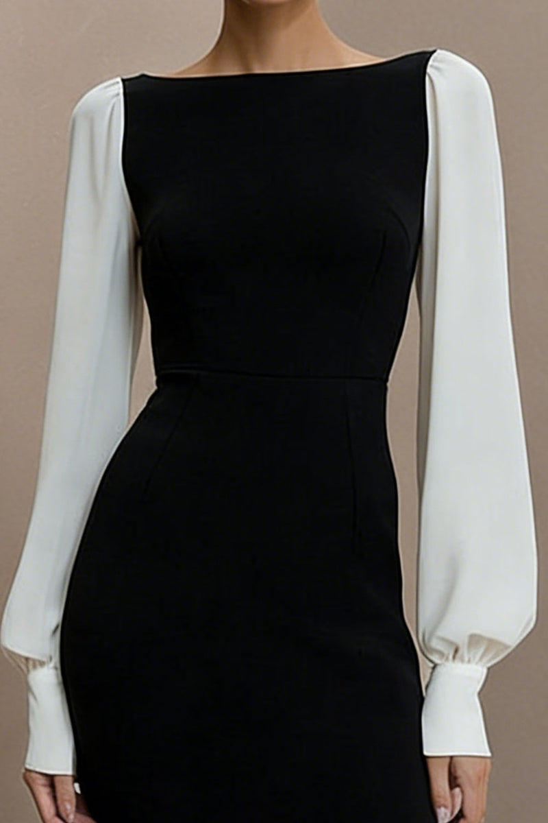 Load image into Gallery viewer, Bateau Neck Black and White Short Pencil Work Dress with Sleeves