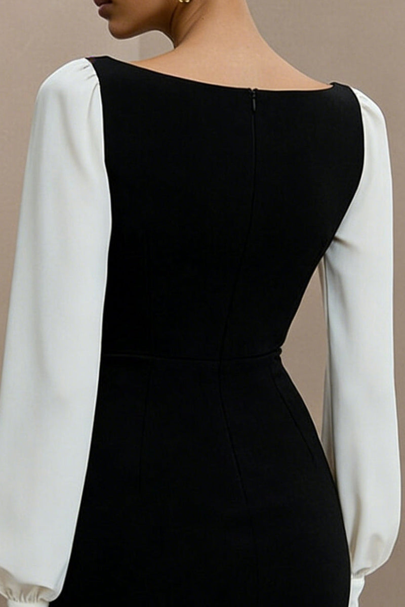 Load image into Gallery viewer, Bateau Neck Black and White Short Pencil Work Dress with Sleeves
