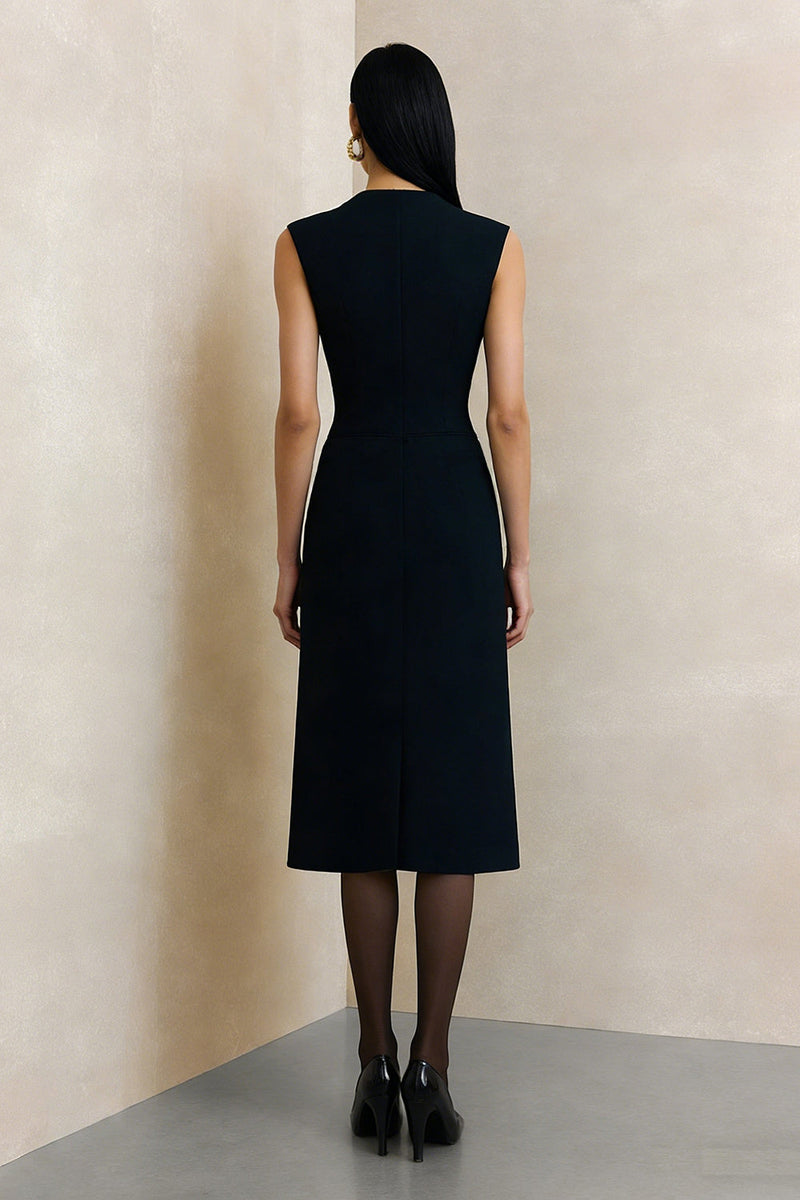 Load image into Gallery viewer, V-Neck Black A Line Midi Work Dress with Buttons