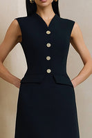 Load image into Gallery viewer, V-Neck Black A Line Midi Work Dress with Buttons